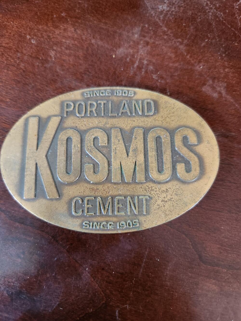 Vintage Kosmos Portland Cement & Kosmortar Brass Advertising Medallions